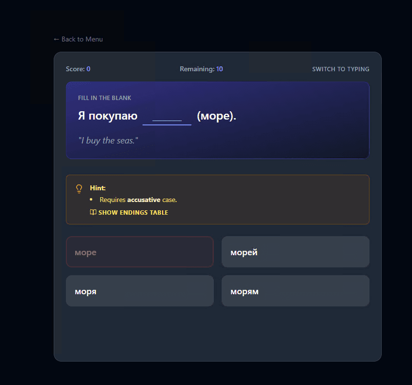 Glospeak exercise showing a fill-in-the-blank sentence with reveal slider and grammar hint