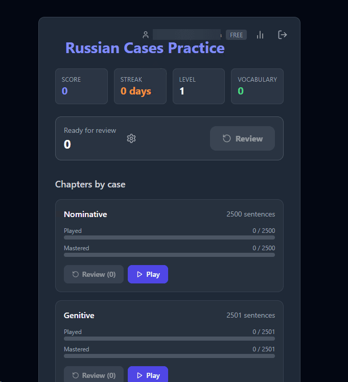 Glospeak dashboard showing chapters for each Russian case with progress bars and play buttons